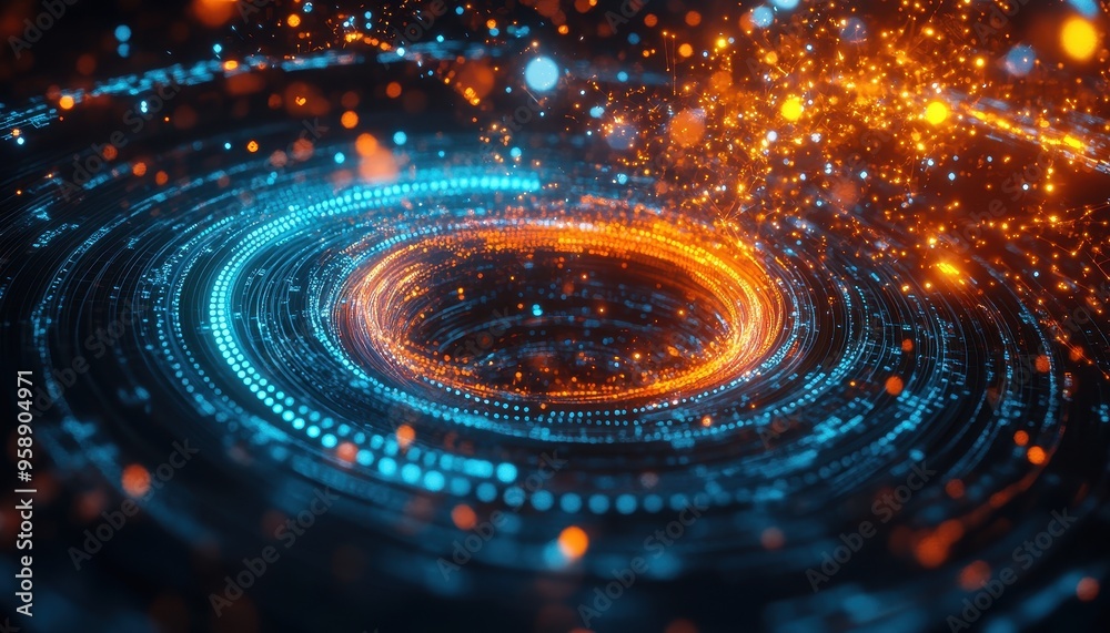 Poster quantum computing innovation - abstract futuristic core with glowing particles and data streams