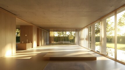 Obraz premium Minimalist Modern Wooden Room With Large Windows