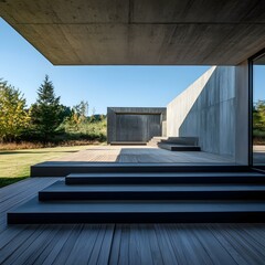 Minimalist Concrete House with Wooden Deck and Steps