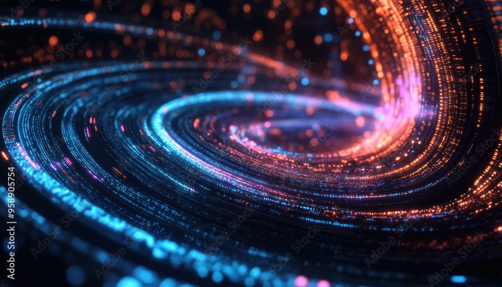 Poster quantum computing universe: glowing particles and swirling big data streams