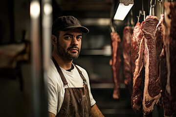 The Butcher's Gaze: A man stands in a cold storage room, surrounded by hanging meat, his expression a mix of weariness and pride.
