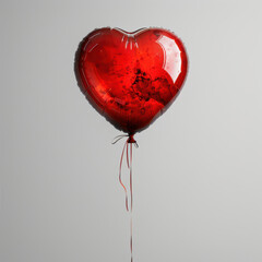 Red heart-shaped balloon with reflections, white background, love concept