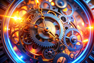 Dynamic Time Management: Glowing Abstract Clock with Shifting Gears in Vibrant Colors - Operational Efficiency and Concept of Time in Motion, Close-Up Shot with Blur Effect for Photo Stock