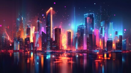 Abstract cityscape with neon-lit architecture and futuristic digital effects, offering a panoramic view of high-tech urban design and technology