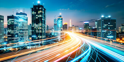 Obraz premium Aerial View of Glowing Abstract Data Streams in Digital Cityscape Symbolizing Urban Management and Technological Efficiency - Futuristic Urban Scene with Vibrant Lights and Modern Architecture in Phot