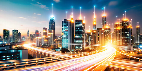 Obraz premium Futuristic Urban Management: Abstract Data Streams Flowing Through Glowing Digital Cityscape - Vibrant Lights and Technological Efficiency Captured in Aerial View for Stock Photo Concept
