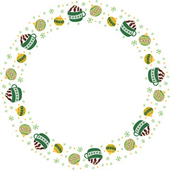 Christmas green mug with drink frame illustration on transparent background.
