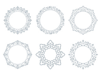 Set of decorative frames Elegant vector element for design in Eastern style, place for text. Floral gray and white borders. Lace illustration for invitations and greeting cards