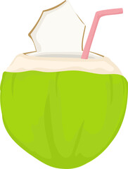 Coconut with straw illustration on transparent background.
