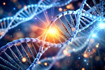 Glowing Abstract DNA Helix Symbolizing Organizational Structure and Operational Management Concept in Vibrant Colors and Depth. Close-Up Shot Illustrating Intricate Connections within the Structure - 