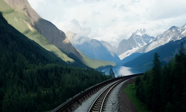 Train winding through a scenic mountain pass.  Video
