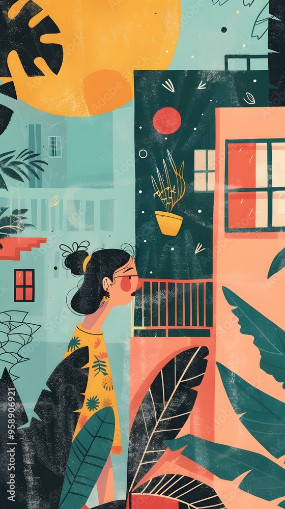 Wall mural woman looking out window in colorful building illustration