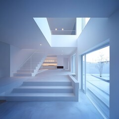 Obraz premium Modern Minimalist Interior Design of a White House with Stairs and a Window