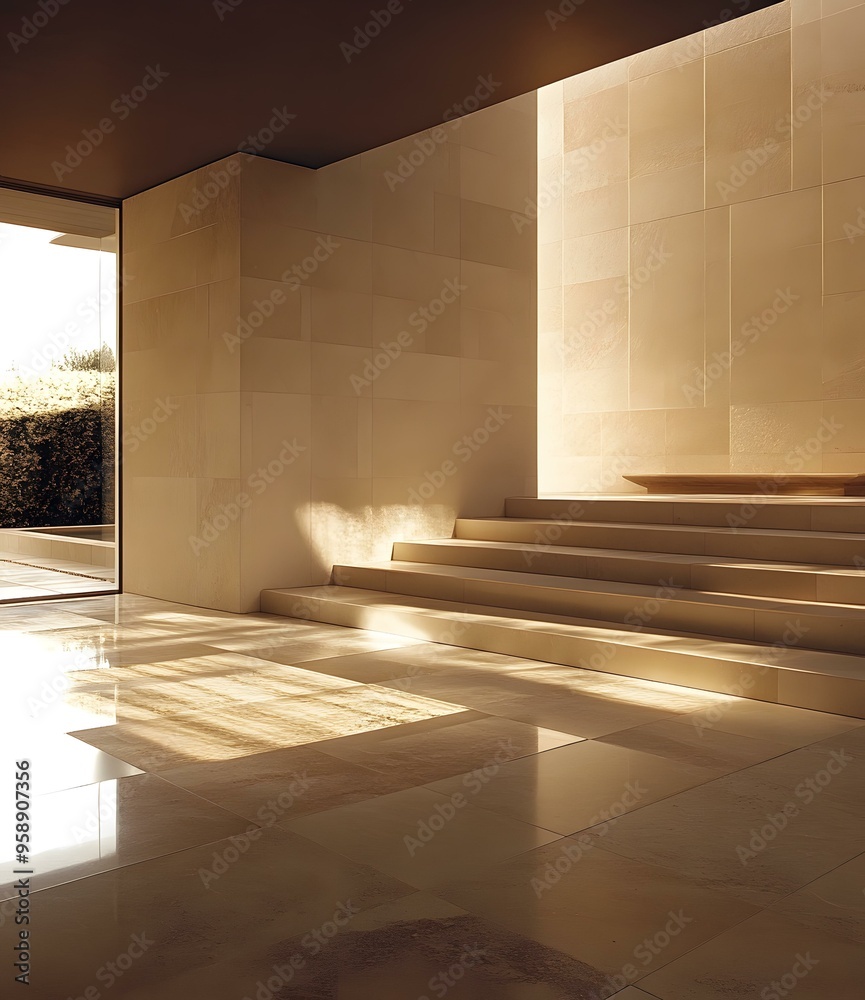 Sticker Modern Minimalist Interior Design with Beige Tile Walls and Stairs