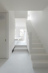 Fototapeta premium Modern Minimalist White Interior Design with Staircase and Kitchen Counter