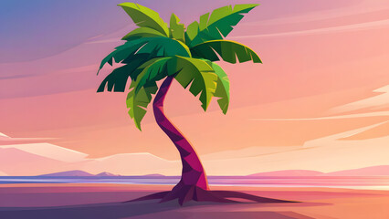 Stylized Low-Poly Palm Tree Digital Illustration with a Pastel Sunset Background