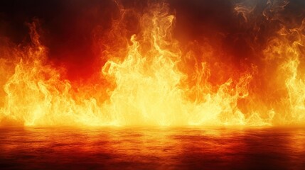 Dramatic fire and smoke effect glowing red and yellow colors burning the floor with text space. Vivid and hot hell abstract or blazing fire background or wallpaper