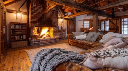A rustic living room with a roaring fire in a brick fireplace. The room has wooden beams across the ceiling and hardwood floors.