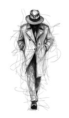 Mysterious noir private detective man walking. Full view. Sketch doodle style. Transparent background PNG. With trench coat and fedora. Retro vintage Investigator. 