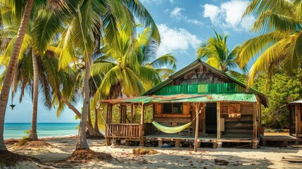 A rustic, wooden beachfront cottage with a vibrant green thatched roof. The house is surrounded by tropical palm trees, with a hammock tied between two of them.