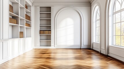 Obraz premium A bright, empty room with wooden flooring and bookshelves, ideal for reading or relaxation.