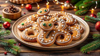 Festive Christmas gingerbread cookies shaped like snakes with icing, displayed on a plate, surrounded by Christmas decorations and pine branches. - Powered by Adobe