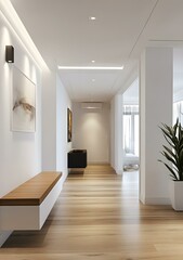 Fototapeta premium Modern White Hallway with Wood Floor and Floating Bench