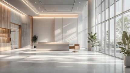 Obraz premium Modern minimalist office lobby with white walls, large windows, and a sleek reception desk. Sunlight streams in, illuminating the space.