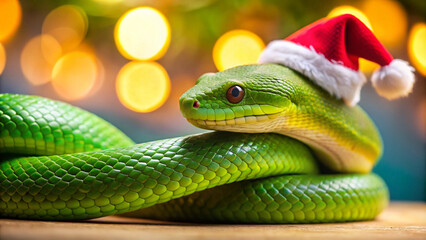 Fototapeta premium A green snake wearing a Santa hat in a Christmas-themed setting. Surrounded by festive lights and holiday decorations. Ideal for holiday cards or adding text for unique holiday greetings.