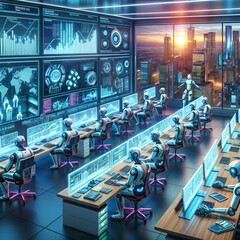 Obraz premium High technology with robots working in all sectors of society, offices, rooms, airports, analyzing graphics on displays, in futuristic cities.