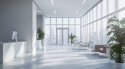Modern office lobby with white walls, large windows, and city views.  Comfortable seating area with plants.