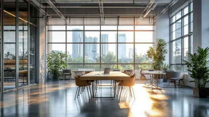 Modern office space with large windows overlooking city skyline. Sunbeams illuminate the room, highlighting the wooden table and chairs.
