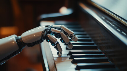 Robotic hand playing the piano. Generative AI