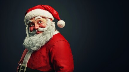 Smiling Santa Claus in red suit with dark background, festive holiday photography. Generative AI