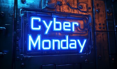 "Cyber Monday" Glowing in Deep Blue with Neon Wires and Cables Wrapping Around the Letters, Set Against a Metallic Background