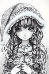 Winter Girl with Braids and a Red Hat