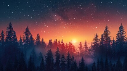 Silhouetted Evergreen Forest Against a Starry Sunset Sky