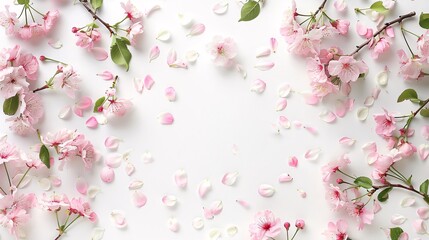 Fototapeta premium Beautiful spring cherry blossoms and petals on white background
