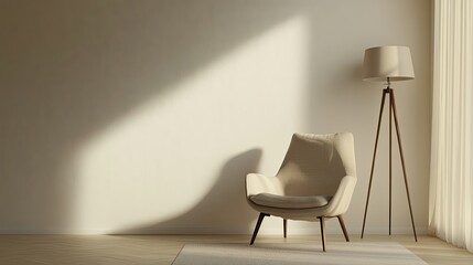 Comfortable chair and floor lamp in a cozy corner, with blank space for copy on a neutral background.