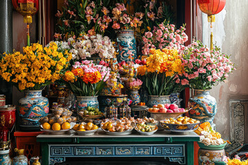 A vibrant altar dedicated to Mazu, the Chinese goddess of the sea, adorned with colorful flowers, fruits, and ornate ceramics.