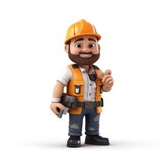 3D Cartoon Construction Worker Character with hard hat, tools, friendly smile, and ready to work