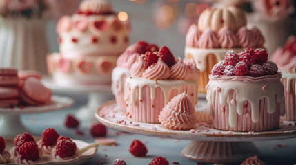 Elegant mini cakes topped with fresh berries and delicate flowers, beautifully arranged for a charming dessert table, perfect for parties and gatherings.

