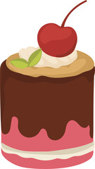 Cartoon strawberry cake illustration on transparent background.
