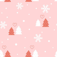 New year or Christmas seamless pattern with pine tree, heart and snowflakes on pink background vector.