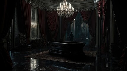 Vampire’s Lair with a Gothic Coffin, Red Drapes, and a Mysterious Shadowy Figure in the Dark