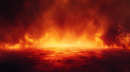 Dramatic fire and smoke effect glowing red and yellow colors burning the floor with text space. Vivid and hot hell abstract or blazing fire background or wallpaper