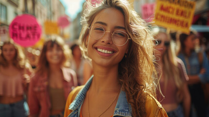 Fototapeta premium Portrait of a joyful young woman smiling at a rally, showcasing empowerment and community spirit, ideal for social movements and celebrations of diversity.