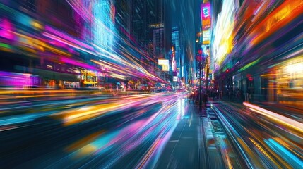 Obraz premium Abstract motion light trails blending with a vibrant city background, creating a dynamic and futuristic urban scene.