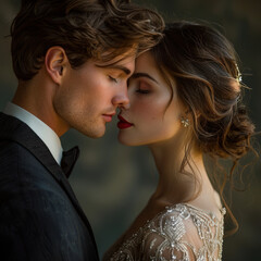 Intimate portrait of a romantic couple gently leaning towards each other, capturing a moment of love and connection in a soft, dreamy atmosphere, perfect for wedding themes and love stories.

