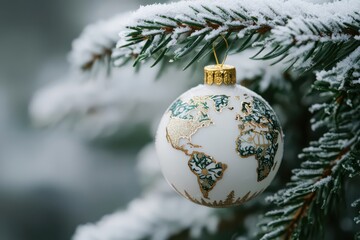 World Map Christmas Ornament on Frosted Pine